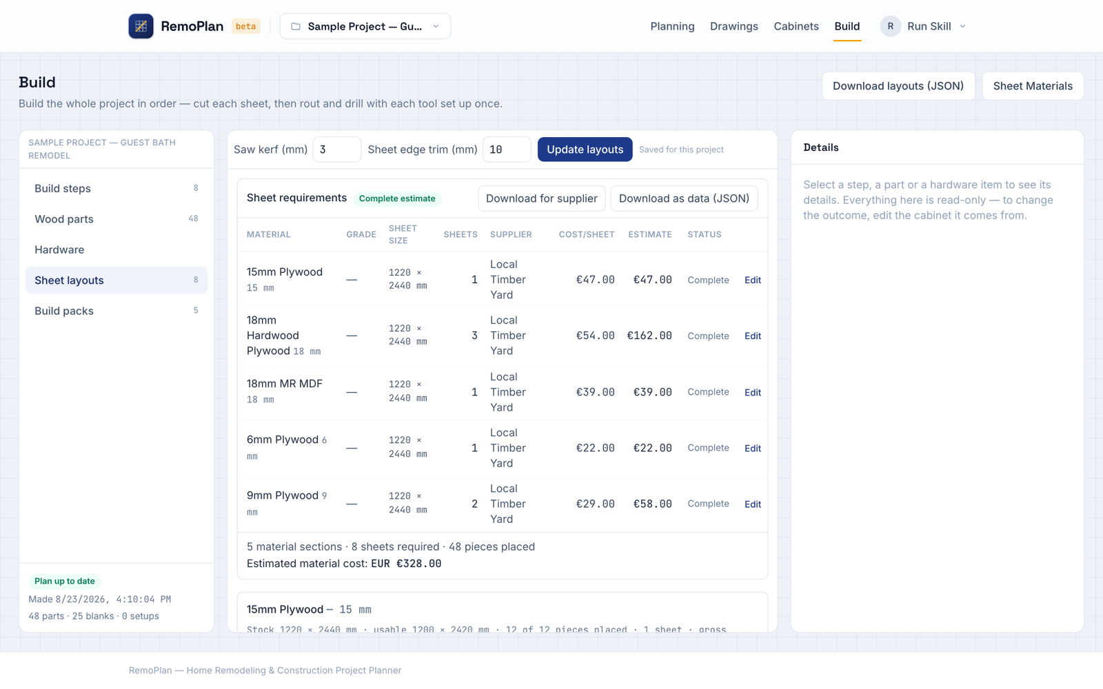 The Build workspace showing sheet requirements with counts, suppliers and a cost estimate