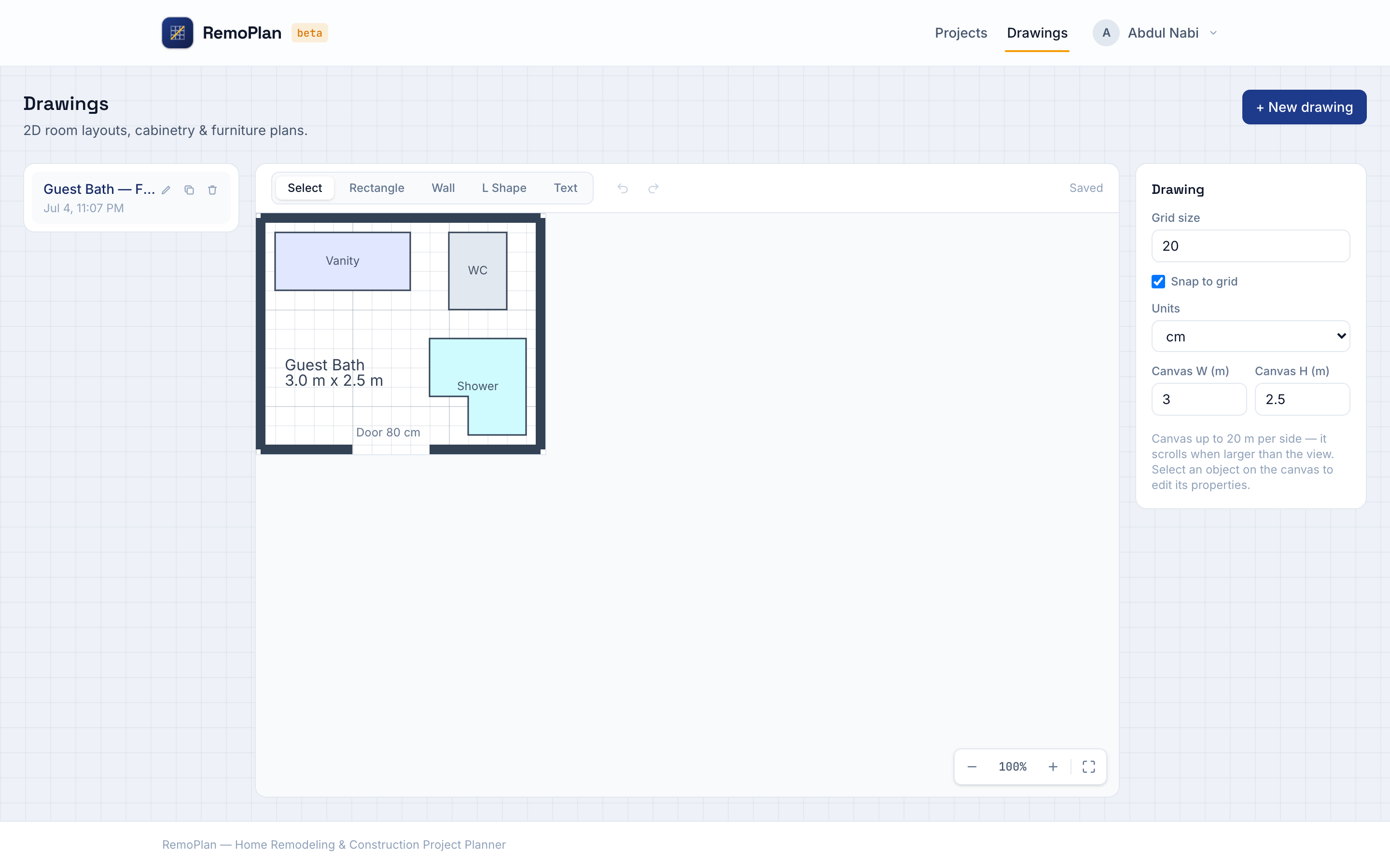 The Drawings editor with a sample bathroom floor plan