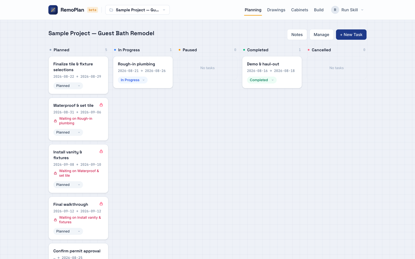 The Planning task board with a sample remodel loaded
