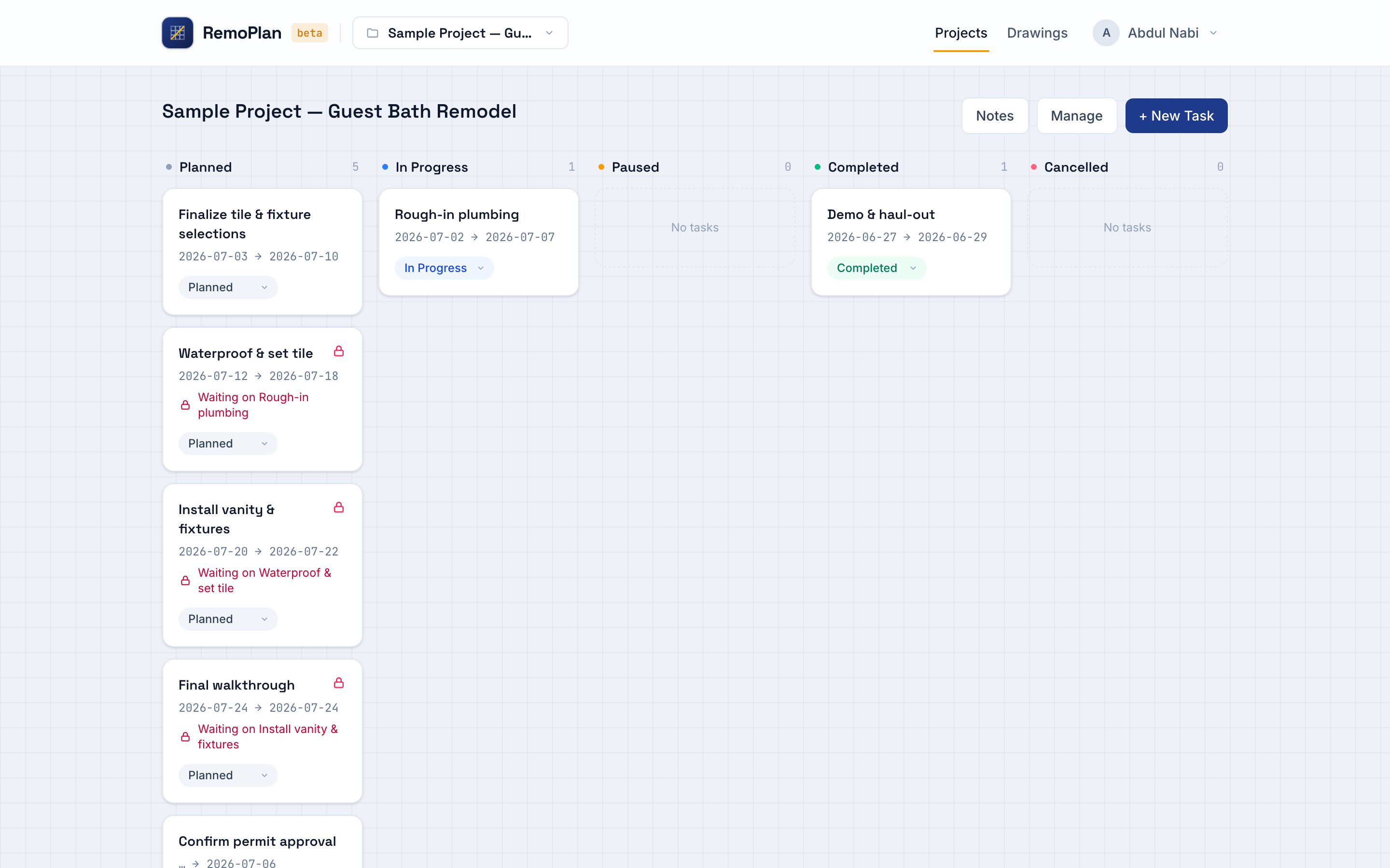 The Projects task board with a sample remodel loaded